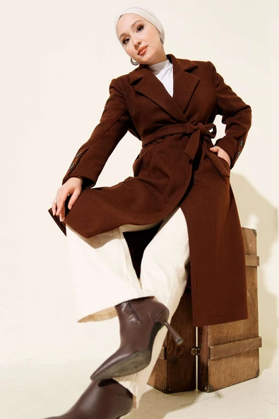 Kol Düğmeli Kuşaklı Kaşe Kaban Kahve ürün görseli 1