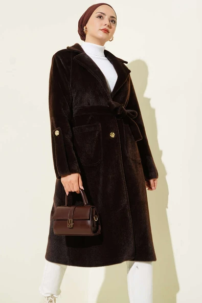 Bilek Apoletli Kuşaklı Tay Tüyü Kaban Kahve ürün görseli 1