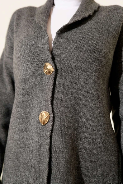 Çift Gold Düğmeli Kısa Triko Hırka Füme - Resim 4