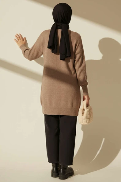 Sarmal Kabartmalı Yumoş Triko Tunik Vizon - Resim 3