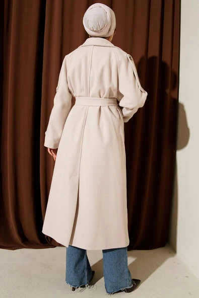 Omuz Apoletli Düğme Detaylı Kaşe Kaban Taş - Resim 3