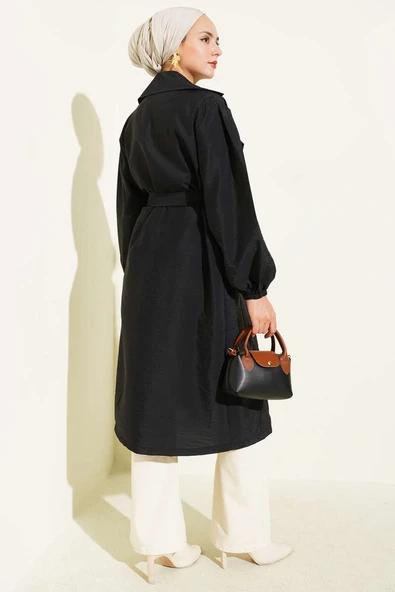 Kruvaze Yaka Balon Kol Kuşaklı Trençkot Siyah - Resim 3