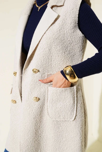 Kruvaze Yaka Düğmeli Detaylı Yelek Taş - Resim 4