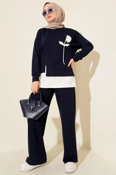 Loyşa Gül Desen İkili Takım Lacivert ürün görseli 1