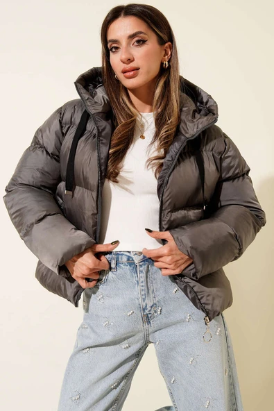 Kapşonlu Kısa Şişme Mont Füme - Resim 2