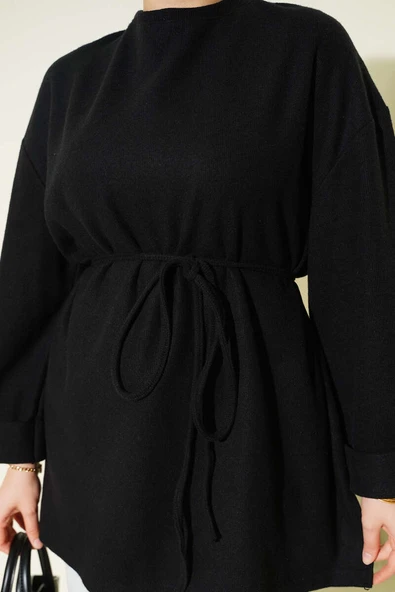 İp Bağlamalı Fitilli Kaşe Tunik Siyah - Resim 4