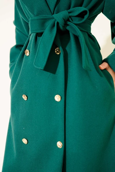 Gold Düğmeli Kruvaze Kaşe Kaban Zümrüt - Resim 4