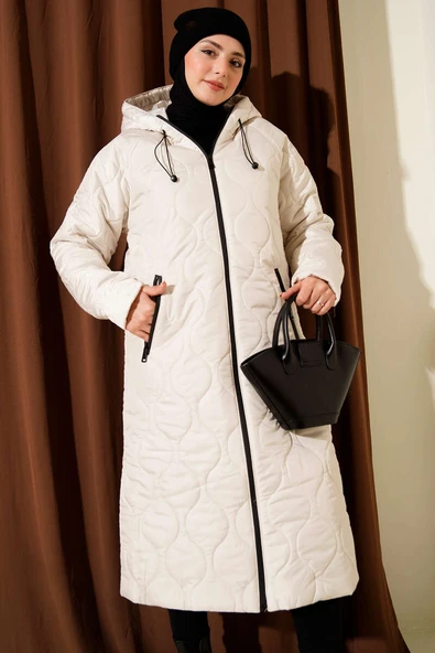 Kapitone Fermuarlı Kapüşonlu Mont Taş - Resim 2