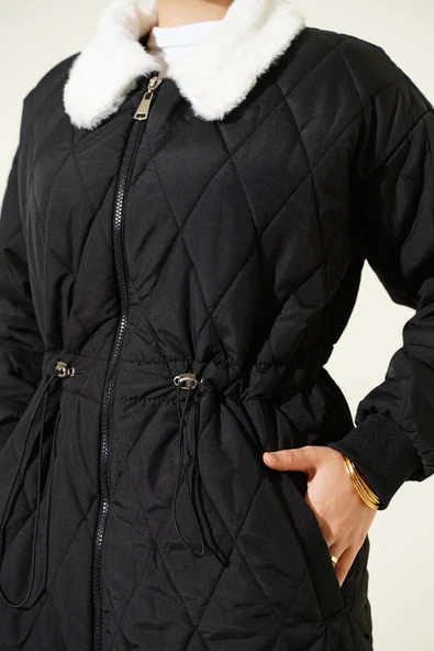 Gömlek Yaka Kürklü Kapitone Mont Siyah - Resim 4