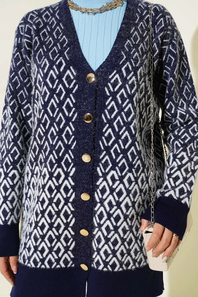 Baklava Desen Sakallı Düğmeli Triko Hırka Lacivert - Resim 4