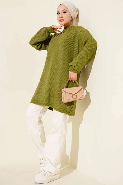 Selanik Örgü Yumoş Triko Tunik Yağ Yeşili - Resim 2