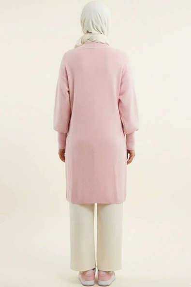 Metal Düğmeli Uzun Sakallı Hırka Pembe - Resim 3