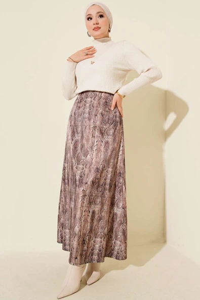 Desen Detaylı Saten Etek Kahve - Resim 2