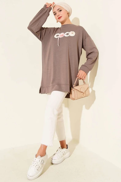 Loyşa Coco Yazı Süslemeli Tunik Vizon - Resim 2