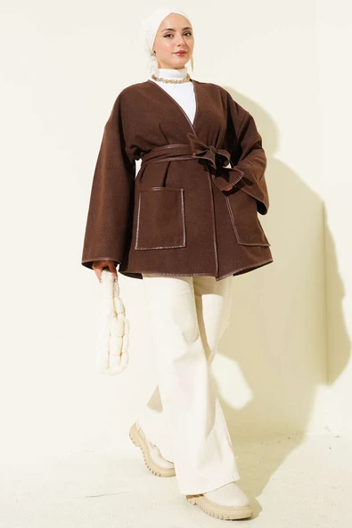 Deri Biyeli Cepli Ceket Kahve - Resim 2