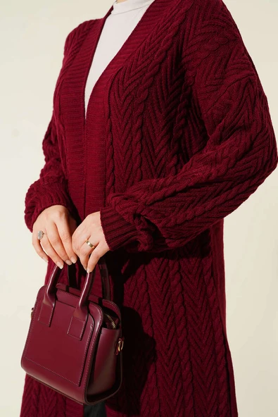 Örgü Büzgülü Uzun Triko Hırka Bordo - Resim 4