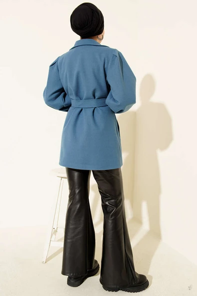 Balon Kol Kuşaklı Kısa Kaban Mavi - Resim 3