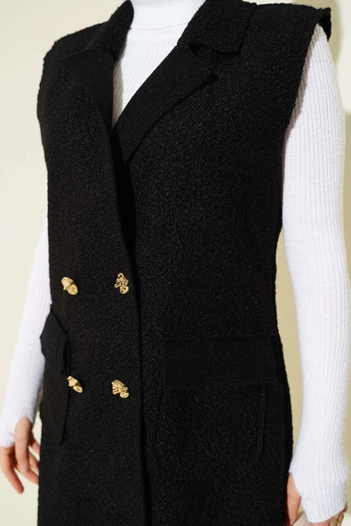 Kruvaze Yaka Düğmeli Detaylı Yelek Siyah - Resim 4