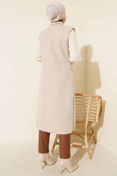 Düğmeli Uzun Buklet Yelek Taş - Resim 3