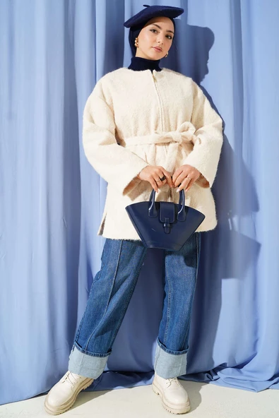 Fermuarlı Kuşaklı Keçe Ceket Ekru - Resim 2