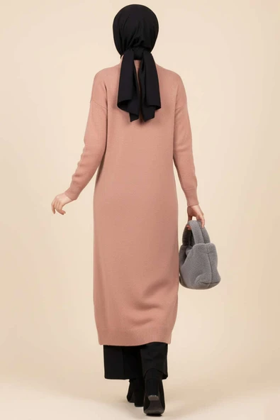 Metal Gold Düğmeli Uzun Triko Hırka Gül Kurusu - Resim 3