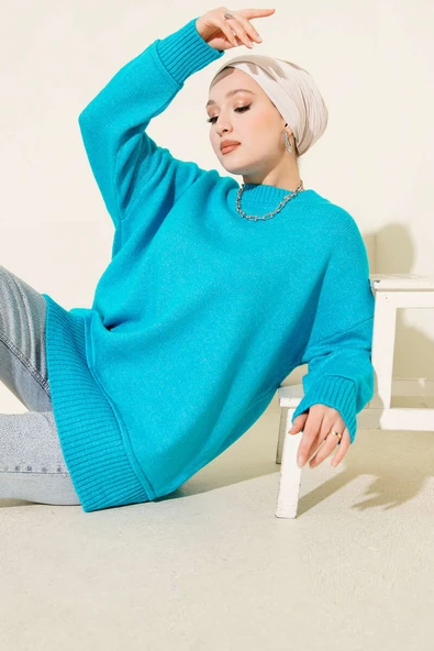 Alt Dikişli Yumoş Triko Tunik Mavi ürün görseli