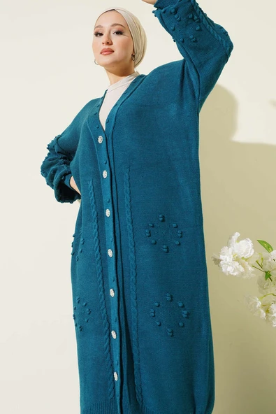 Taşlı Düğmeli Triko Hırka Petrol - Resim 2