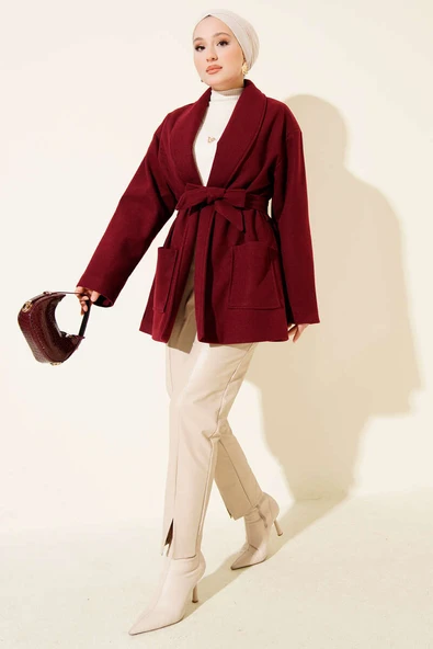 Çift Cepli Kruvaze Kuşaklı Kısa Kaban Bordo - Resim 2
