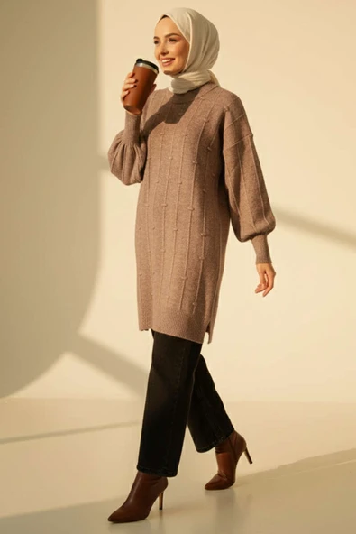 Damla Kabartmalı Yumoş Triko Tunik Vizon - Resim 2