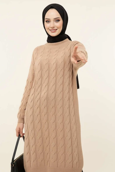 Örgü Detaylı Uzun Triko Tunik Camel - Resim 2