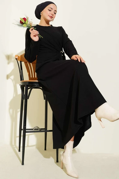 Gold Tokalı Fitilli Elbise Siyah ürün görseli 1