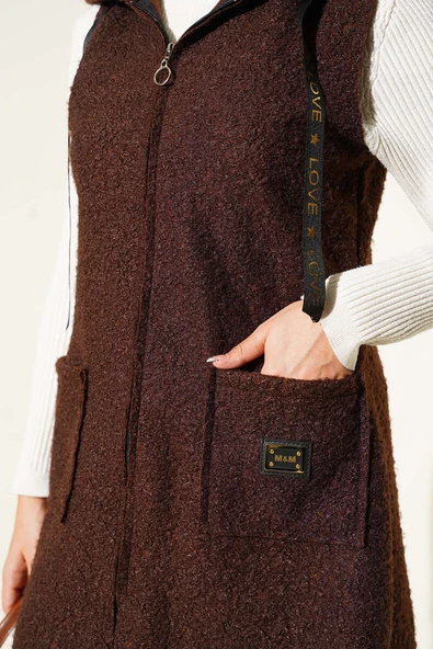 Kapüşonlu Buklet Yelek Kahve - Resim 4