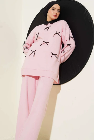 Fiyonk Detaylı Kaşe İkili Takım Pembe - Resim 2