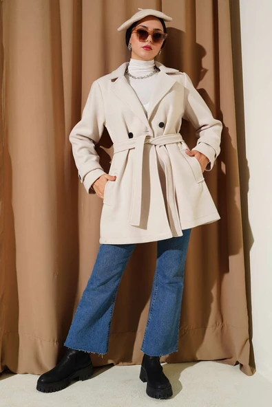 Kruvaze Yaka Kuşak Detaylı Kısa Kaşe Kaban Taş - Resim 2