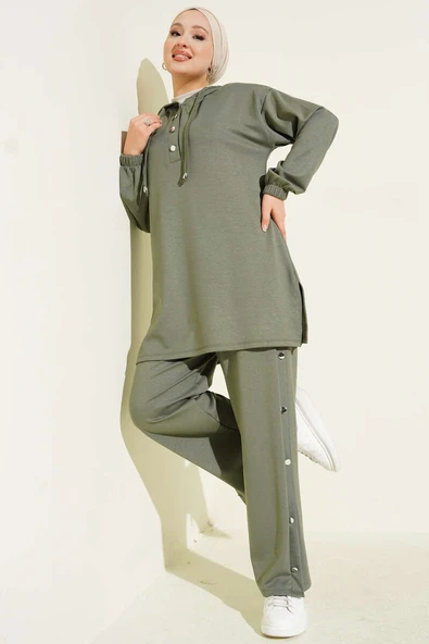 Yanları Metal Düğmeli Kapşonlu İkili Takım Çağla Yeşili - Resim 2