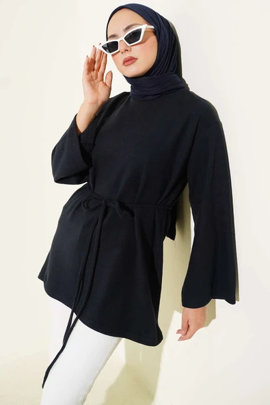 Geniş Kollu Fitilli Kaşe Tunik Lacivert ürün görseli 1