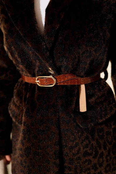 Leopar Desen Kemerli Tay Tüyü Ceket Kahve - Resim 4