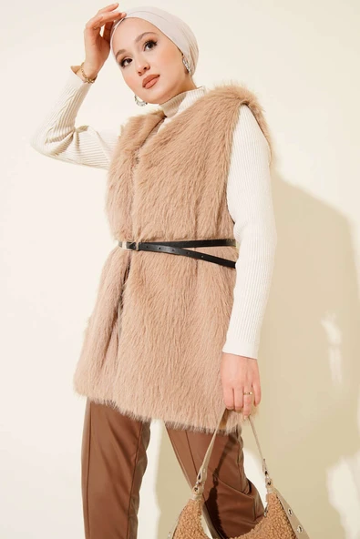 Kürklü Kemerli Yelek Camel ürün görseli 1