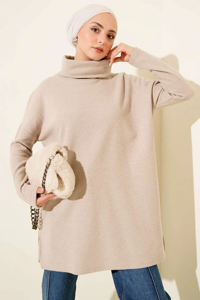 Boğazlı Fitilli Kaşe Tunik Bej ürün görseli 1