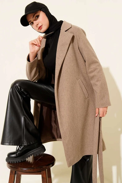 Bel Kuşaklı Astarlı Kaşe Kaban Vizon ürün görseli 1