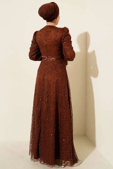 Pırıltı Pullu Abiye Elbise Kahve - Resim 3