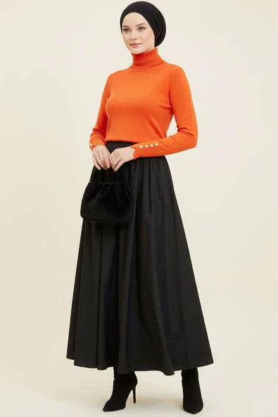 Kol Düğmeli Balıkçı Yaka Triko Kazak Oranj - Resim 2