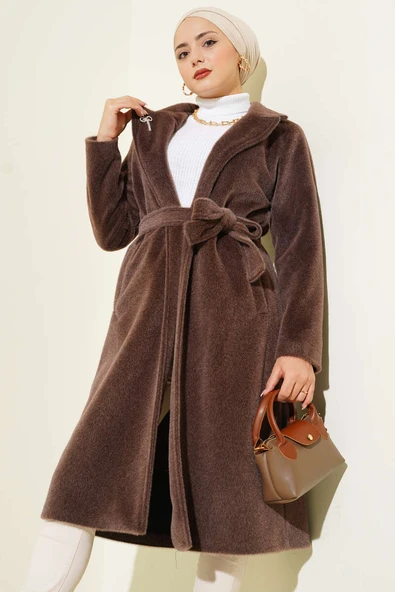 Kuşaklı Bronş Detaylı Kaşe Kaban Kahve ürün görseli 1