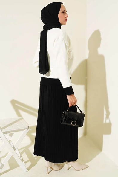 Çiçek Desenli Etekli Triko İkili Takım Siyah - Resim 3