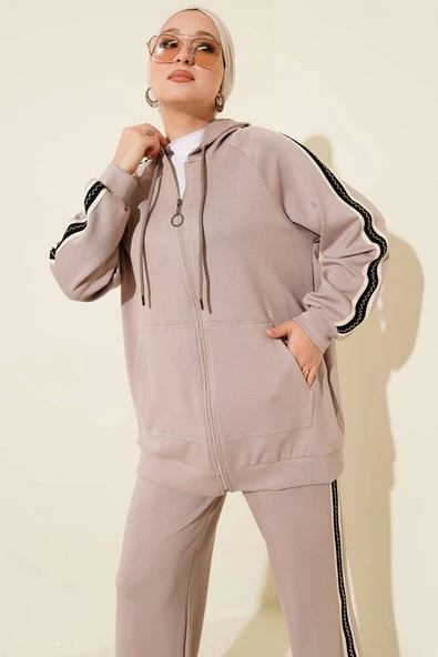 Şerit Detaylı Kapüşonlu İkili Takım Taş - Resim 2