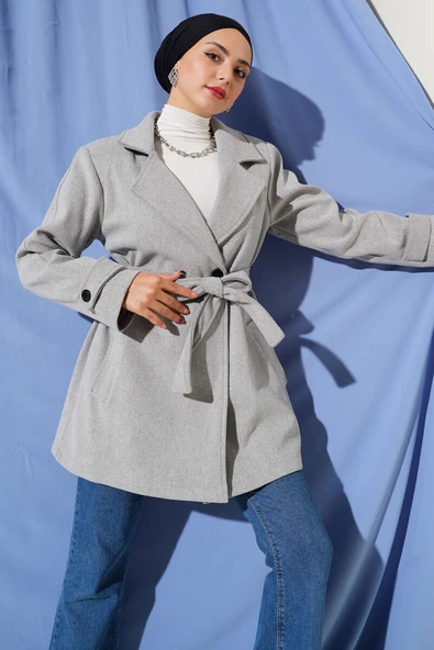 Kruvaze Yaka Kuşak Detaylı Kısa Kaşe Kaban Gri ürün görseli 1