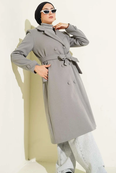 Boydan Düğmeli Kruvaze Yaka Kaşe Kaban Gri - Resim 2