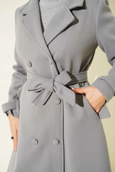 Boydan Düğmeli Kruvaze Yaka Kaşe Kaban Gri - Resim 4