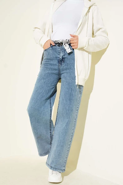 Kuşaklı Geniş Paça Kot Pantolon Açık Kar - Resim 2