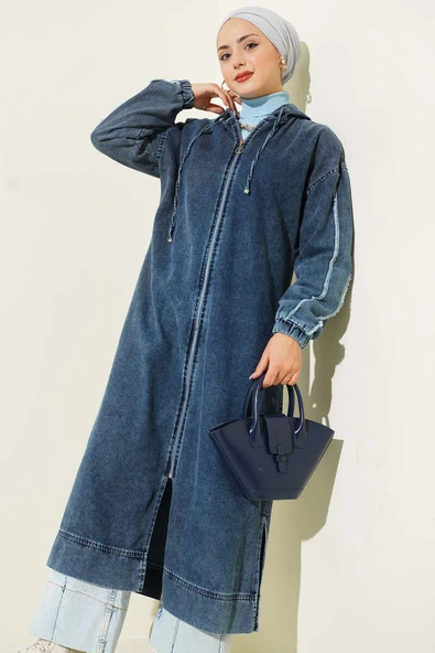 Kapüşonlu Fermuarlı Kot Kap Koyu Mavi - Resim 2